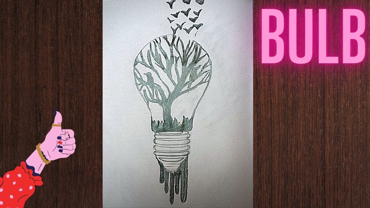 LIGHT BULB INSIDE BIRDS AND TREES | HOW TO DRAW BULB step by step |objects sketching