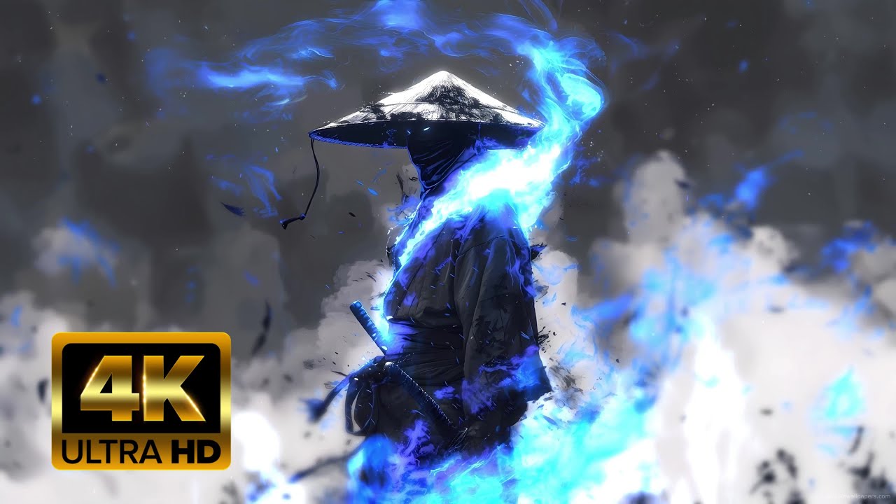 Blue Flames🔥 Samurai Live 4K Wallpaper: Fiery Warrior For PC 