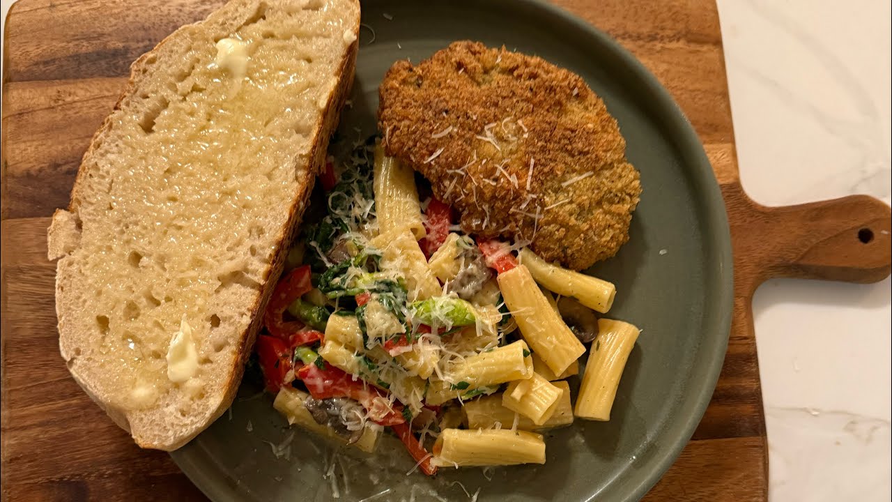 Italian Fried Pork Chops, Rigatoni Pasta, and Sourdough Bread