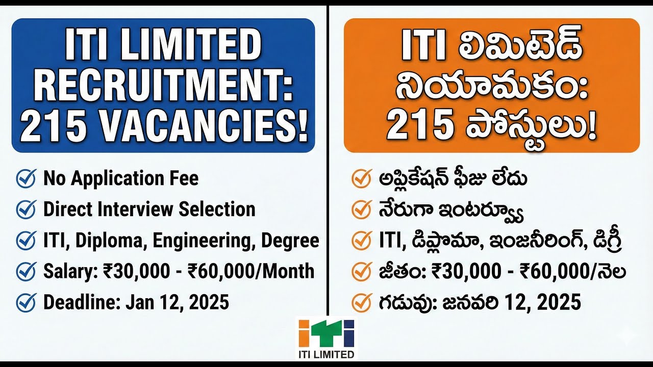 ప్రభుత్వ టెలికాం డిపార్ట్ మెంట్ లో ఉద్యోగాలు, ITI Limited 2025 Recruitment: 215 No-Exam Central job