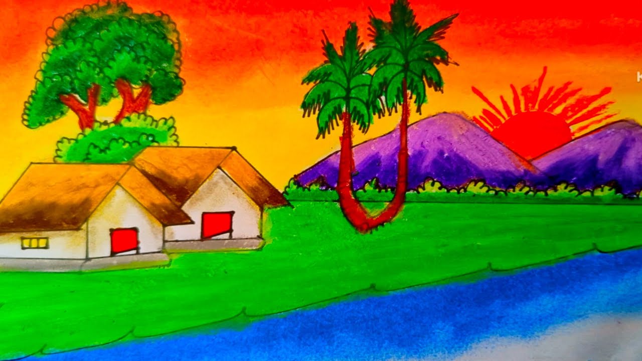 How to Draw a Beautiful Village Scenery with Sunset Step by Step