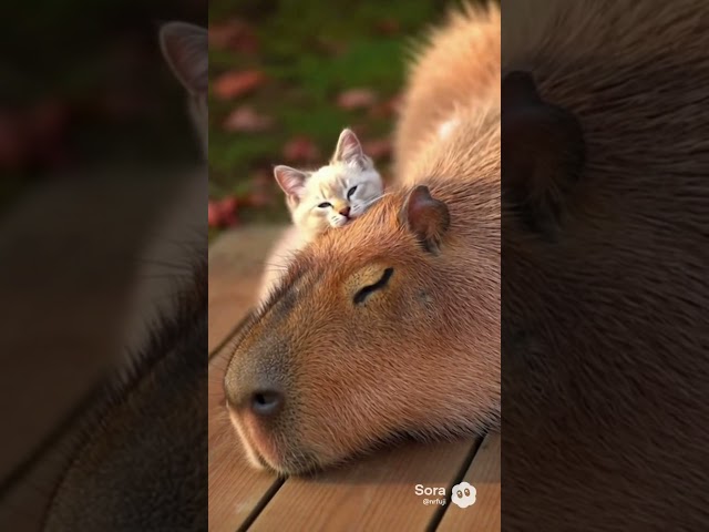 仲良し子猫とカピバラがごろごろじゃれ合うだけの動画がこちらです🐱🦫#子猫 #カピバラ  #癒し動画 #かわいい  #kitten #capybara #cuteanimals  #shorts