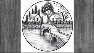 Easy circle scenery /Easy drawing ideas for beginners/ Beautiful pond nature drawing