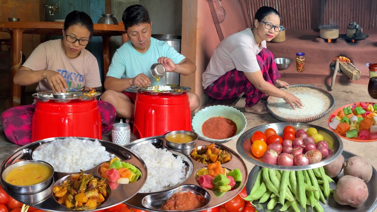 Nepali Village Khana Aloo Beans Sabzi Recipe, Lentils with Rice Cooking & Eating in the Village