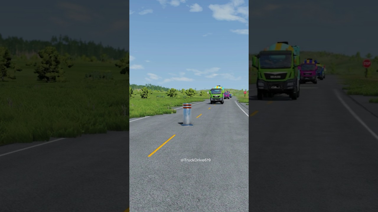 Mix Color cement truck bollard crashes 