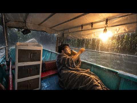 CAMPING IN SUPER HEAVY RAIN IN THE BOAT WITH STRONG WINDS THAT UNBEARABLE TO SURVAYB