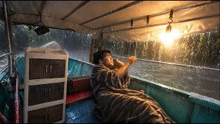 CAMPING IN SUPER HEAVY RAIN IN THE BOAT WITH STRONG WINDS THAT UNBEARABLE TO SURVAYB