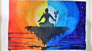 Drawing Lord Shiva , sunset and moonlight scenery with Oil Pastels | :D