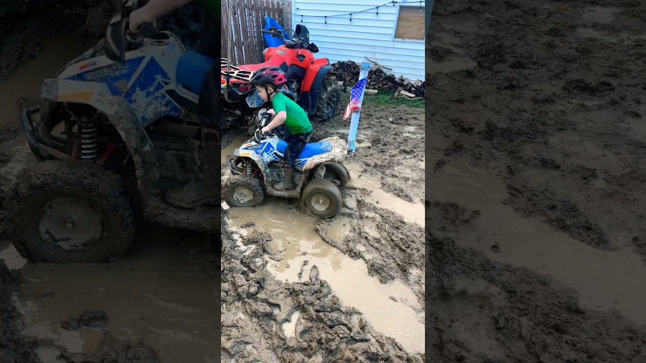 Getting his new electric four wheeler stuck in the deep mud! 