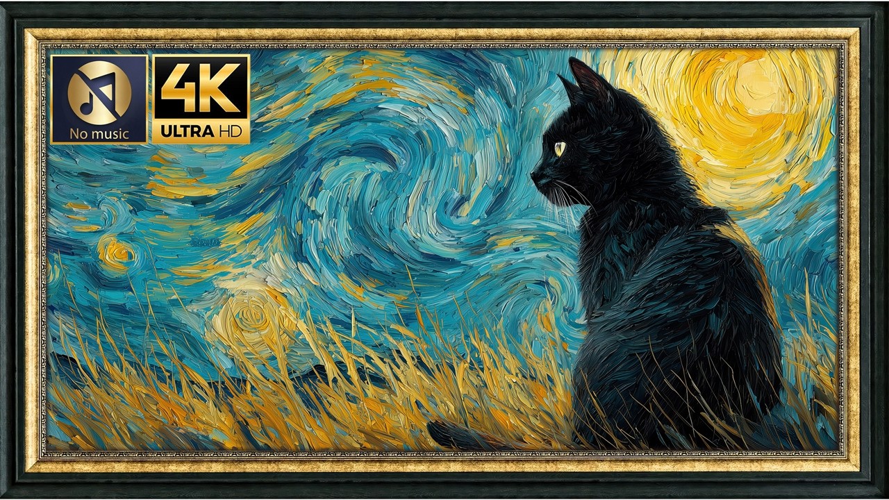 4K Single Image TV Art | Black Cat in Starry Night | Silent Van Gogh Tribute