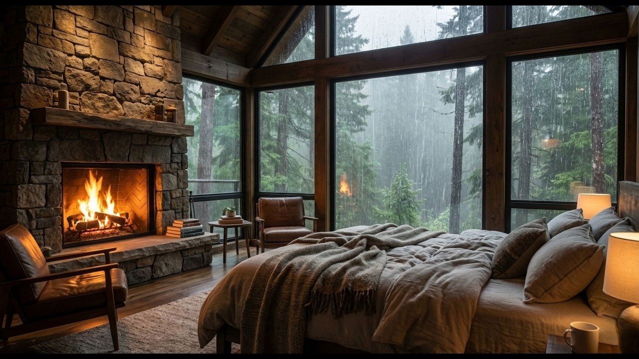 Rainy days were made for this room. Stone fireplace & heavy rain