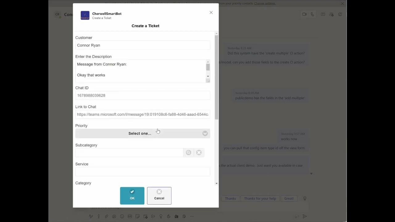 Create a Cherwell Ticket with Microsoft Teams SmartBot YouTube