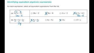 Identifying equivalent algebraic expressions (ALEKS examples)