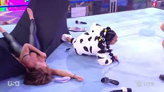 Wendy Choo puts Mandy Rose through a Table. Mandy checks for Wardrobe Malfunction on NXT 05/31/2022.