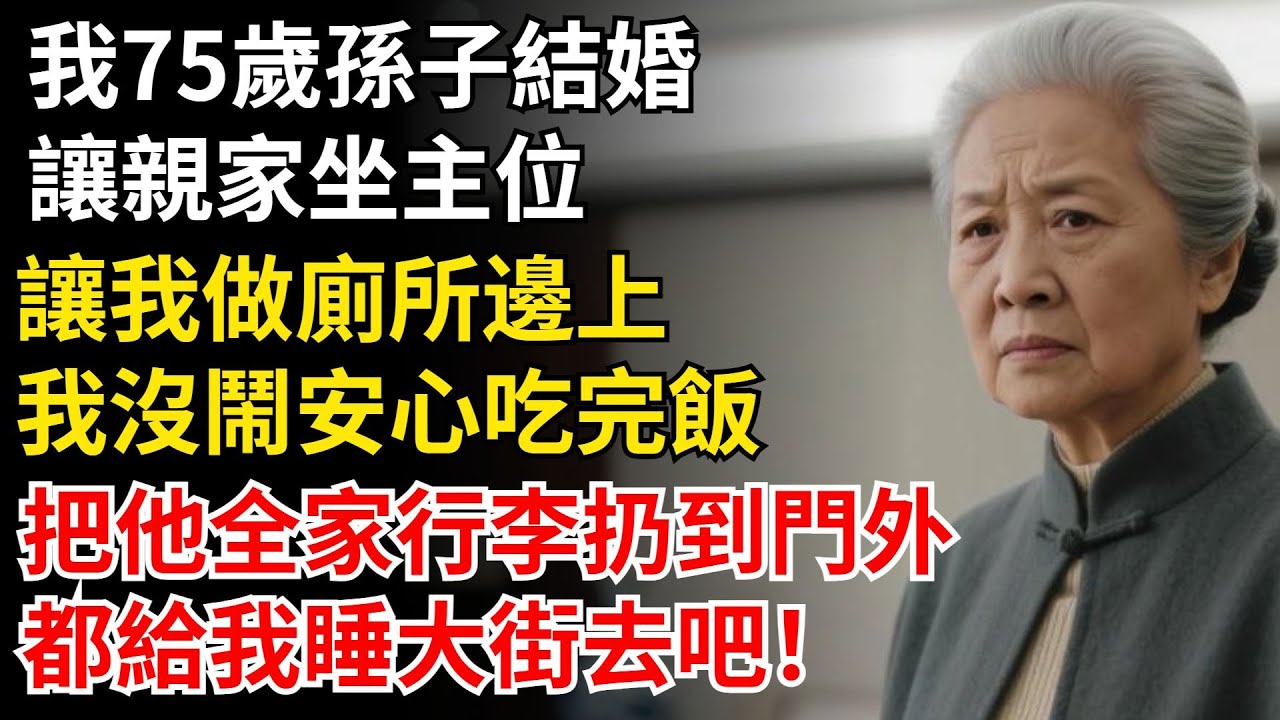 我75歲孫子結婚，讓親家坐主位，讓我做廁所邊上，我沒鬧安心吃完飯，把他全家行李扔到門外，都給我睡大街去吧！