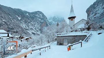 Snowy Walk in Lauterbrunnen, Switzerland, River Walk Along Weisse, River and Nature Sounds