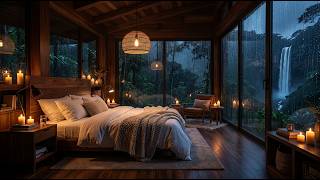 Cozy Bedroom During Heavy Rainstorm | Waterfall Sounds + Soft Piano for Insomnia Relief