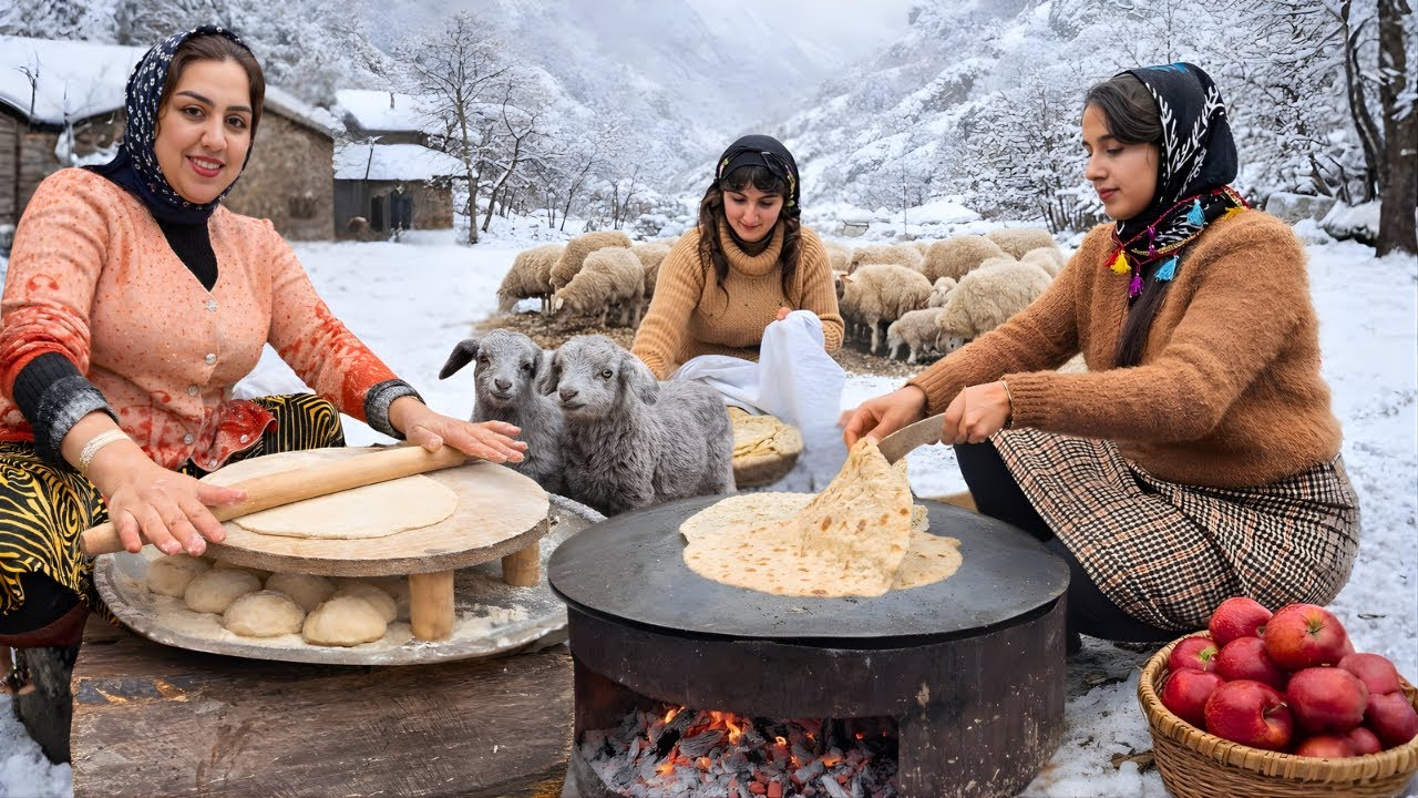 Cooking on a Snowy Day in the Village ❄️ Traditional Lunch, Saj Bread & Clay Oven Cake🥩🥧