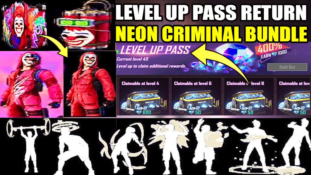 Level Up Pass Return Free Fire l Next TOPUP Event Free Fire l Neon Criminal Bundle l New Emote Event