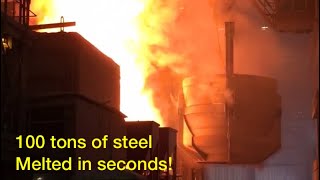 100 tons of metal being melted in an electric arc furnace