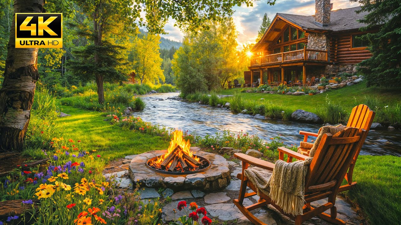 Soothing Spring Ambience Riverside in Forest with Cozy Campfire and ...