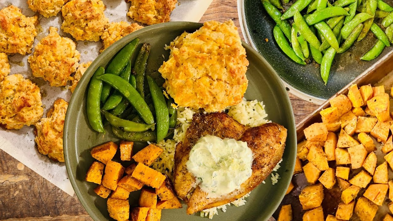 Pan Seared Flounder, Snap Peas, Sweet Potatoes, and Biscuits