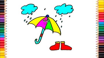 Umbrella cloud with rain drawing || How to draw umbrella drawing step by step for beginner