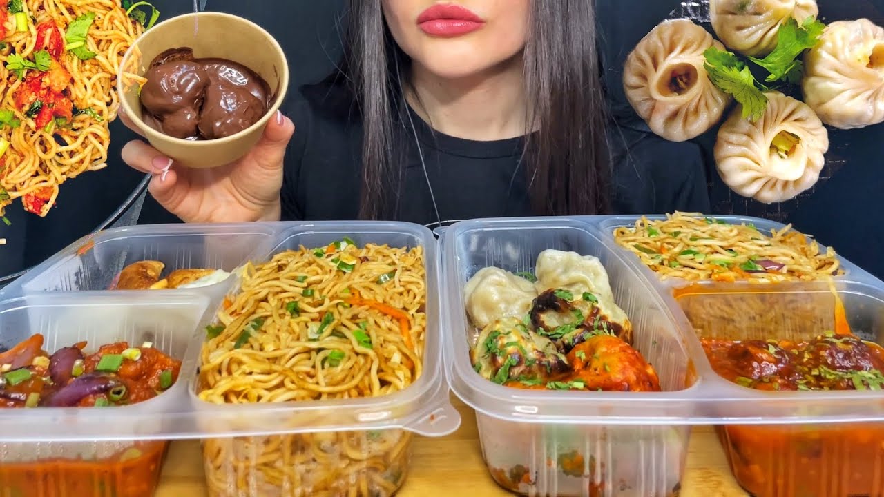 ASMR EATING MOMOS / DUMPLINGS + NOODLES  + CHICKEN MUKBANG