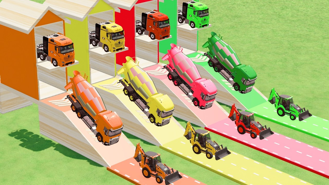 Garage with Colors - ALL MIXER TRUCK WITH DOUBLE FLATBED TRAILER TRUCK DAFF, TRUCK FIRE