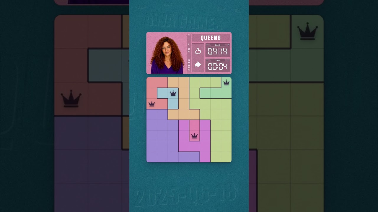 LinkedIn Queens #414 solved board for June 18, 2025, 8x8 grid