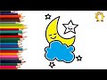 How to draw a crescent, stars, clouds. Coloring page/Drawing and painting for kids. Learn colors.