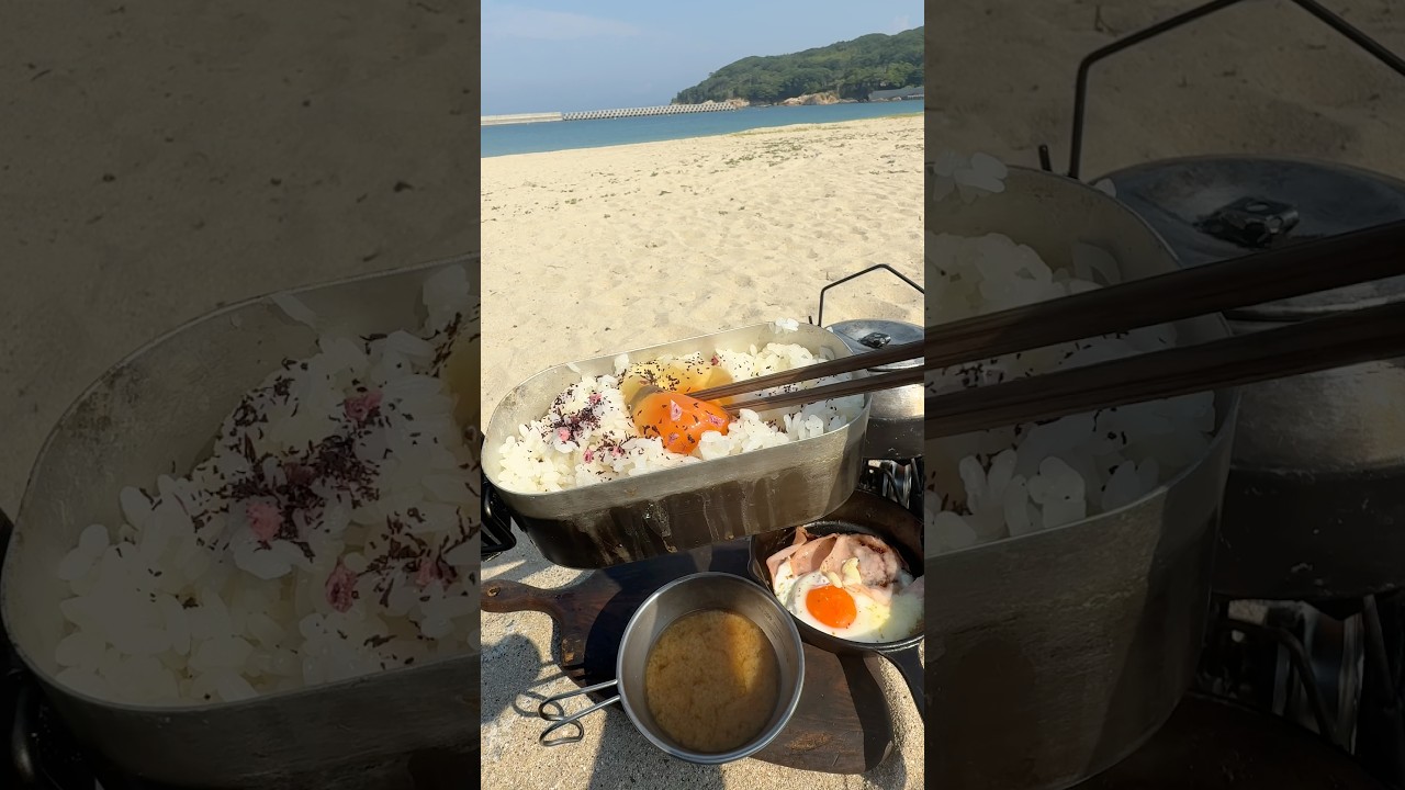 【キャンプ飯】ビーチで朝食。ハムエッグ定食