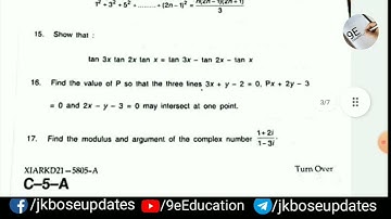 Jkbose class11th Mathematics question paper 2021.