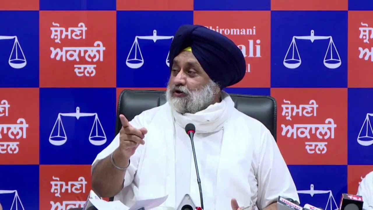 press conference being  addressed by Shiromani Akali Dal (SAD) President Sardar Sukhbir Singh Badal