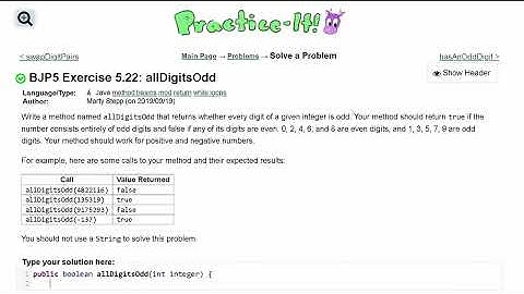 Java Practice It | Exercise 5.22: allDigitsOdd | if, else, Boolean logic, method basics, return