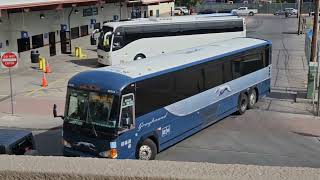 Volvo 9700 and two Greyhound buses at the Greyhound station in downtown El Paso TX 07/29/23