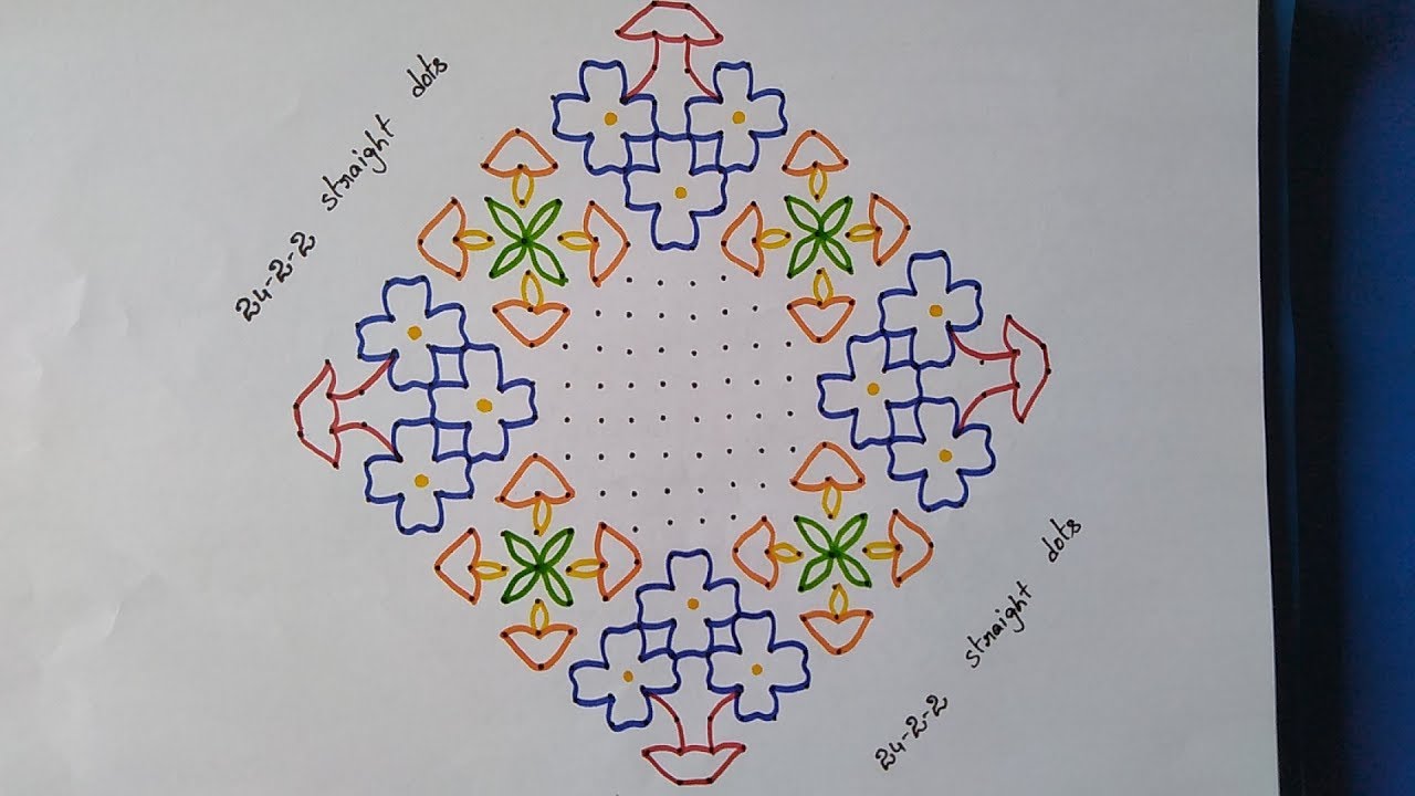 Sankranthi Flowers with Deepalu Rangoli 24-2-2 Straight dots || Flowers with Deepalu Muggulu 24dots