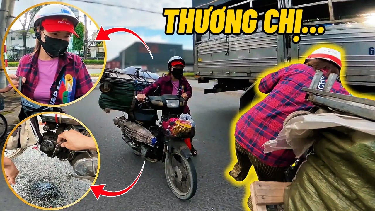 Thương quá! Chị đẩy xe cũ chở nặng bị hư giữa đường nhìn mà xót lòng