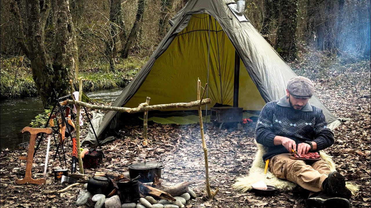 Solo Winter Camp | Deep Forest River, Stove Tent, Bushcraft Cooking & Taiga Axe Handle Build