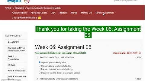 NPTEL 2024 Simulation of Communication Systems using Matlab Week 6 Solution