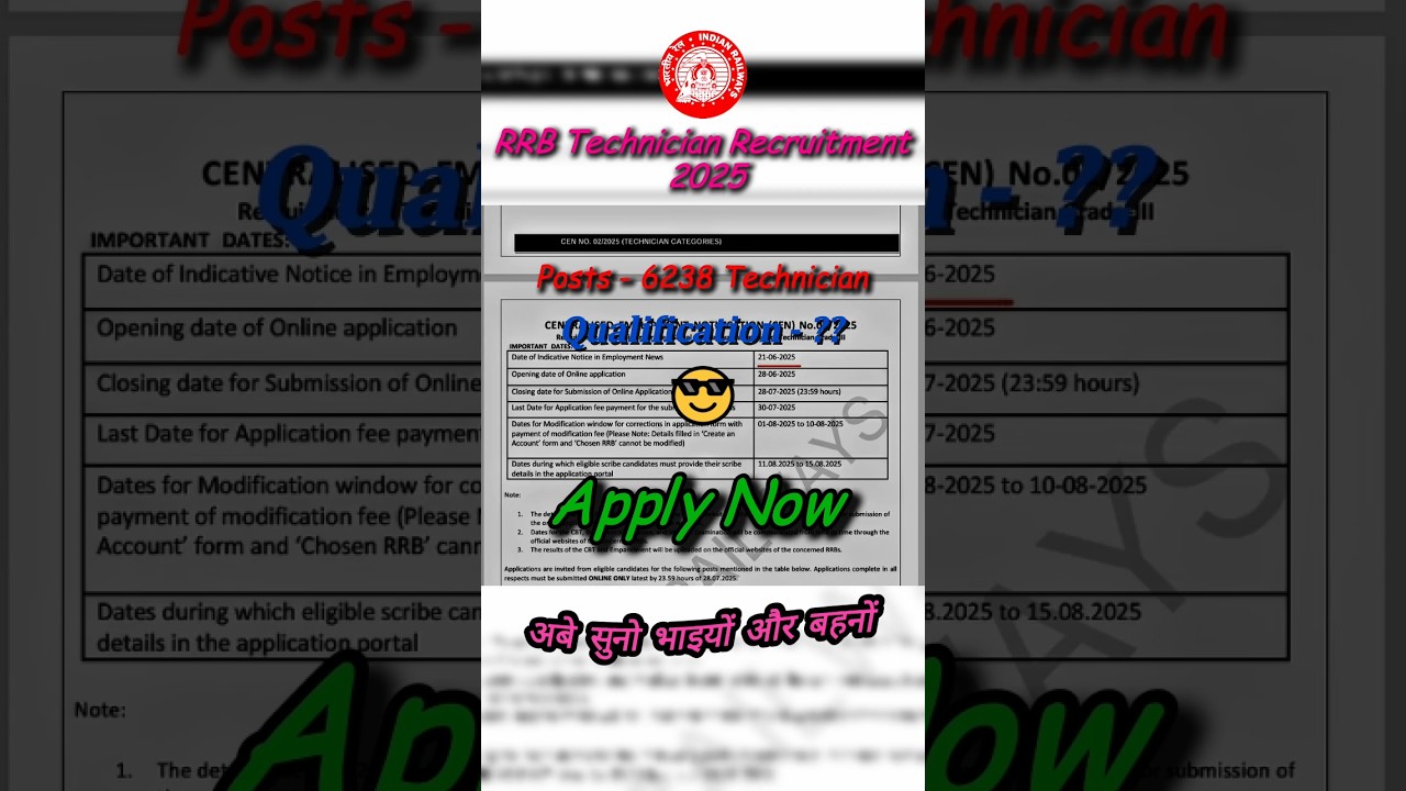 RRB Technician Recruitment 2025 🔥 | 6238 Vacancies Apply Online Now! 