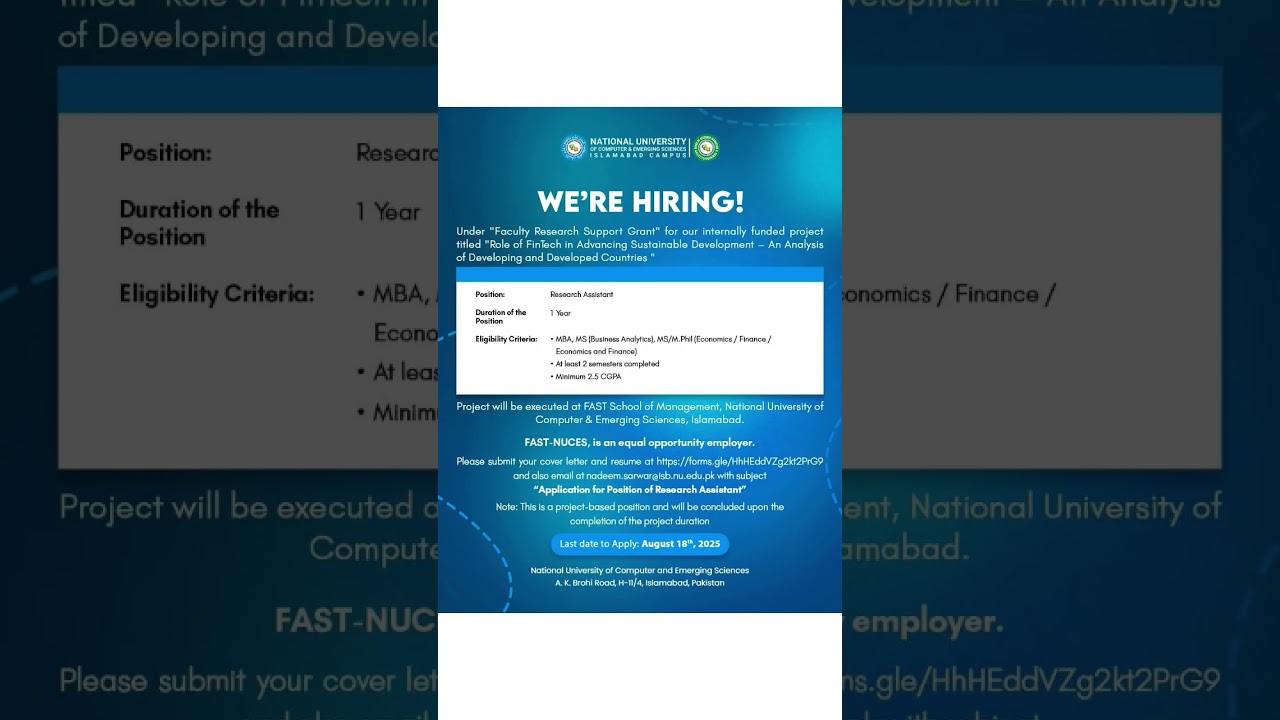 FAST Islamabad Hiring Research Assistant | FinTech Project  Apply by Aug 18 