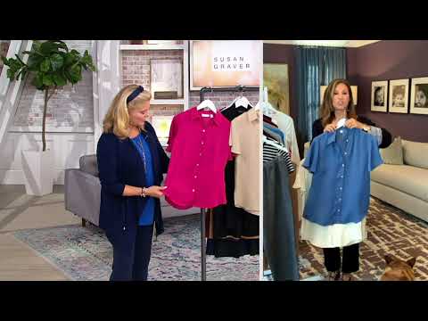 Susan Graver Textured Woven Button Front Flutter Sleeve Shirt on QVC