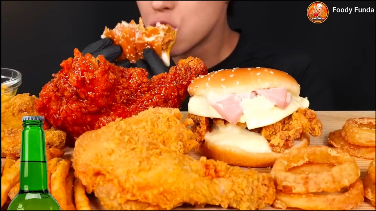 ASMR EATING FRIED CHICKEN AND BURGERS - SPICY FRIED CRUNCHY CHICKEN | ASMR MUKBANG WITH FOODY FUNDA