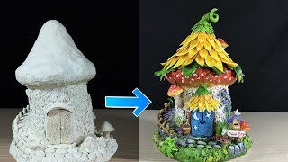 Make a Sunflower  Solar Fairy house using Das clay and empty bottle