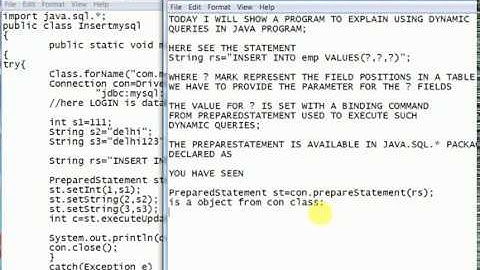 java program to insert values to database using ?(dynamic query)parameters