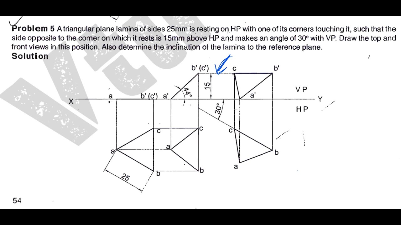 SOLVING CAED | TRIANGULAR LAMINA | SIDE 25mm RESTING ON CORNER | HP 15mm Above | VP=30