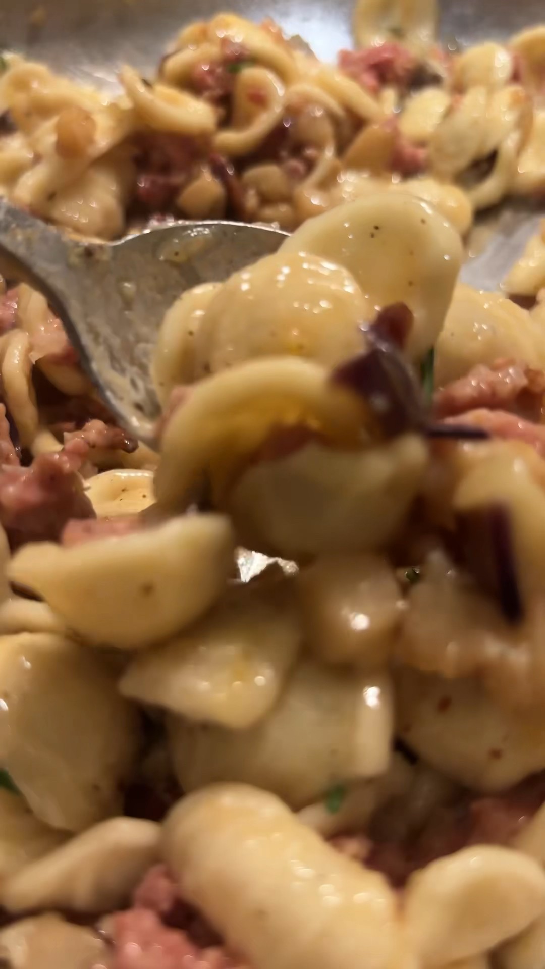 Orecchiette mit Salsiccia, Guanciale, Auberginen, Zitrone, Weißwein und ...