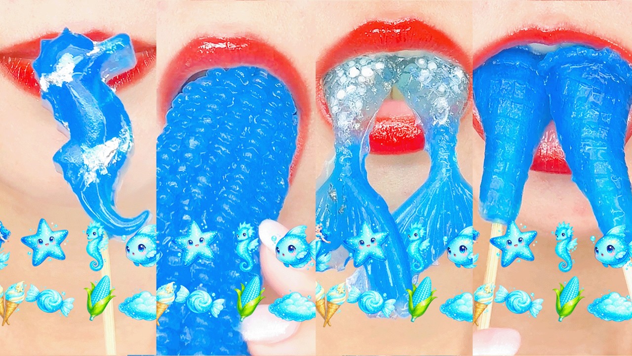 ASMR Blue Jelly & Ocean Gummy Candy Eating Sounds💙 SATISFYING LIPS MUKBANG Blue Emoji