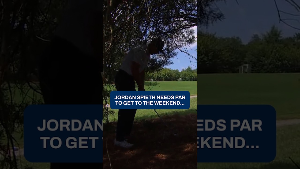 Needing par on his last hole, Jordan Spieth plays from the trees and drains the 24 footer.